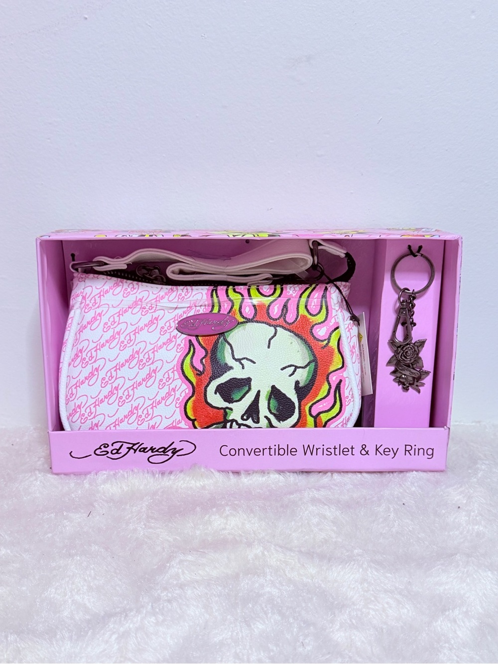 Ed Hardy Convertible Wristlet & Key Ring (Skull Flame) Gift Set New Ed Hardy